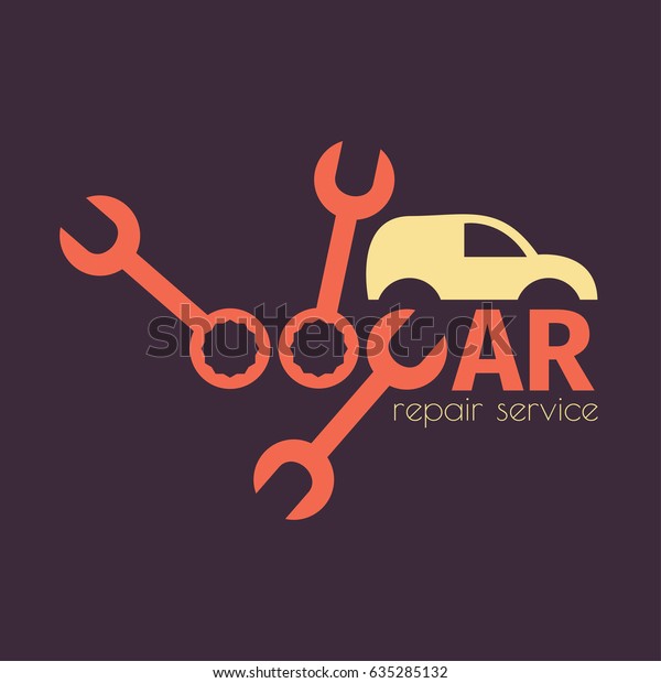 Car repair service. Flat icon. Logo. Yellow\
and red on purple\
background.