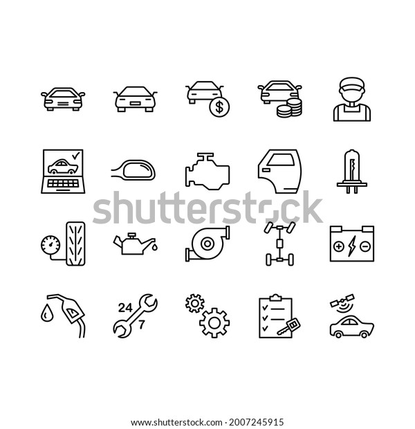 Car\
repair service flat line icons set. Mechanic, computer diagnostics,\
tools, wheel, battery, transmission, jack. Simple flat vector\
illustration for store, web site or mobile\
app.