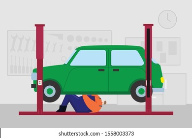 Car repair service flat vector illustration. Mechanic diagnoses and repairs a car on a car lift. Routine maintenance, technical inspection, engine repair, suspension, exhaust system repair concept