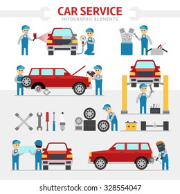 Car Repair Service Flat Vector Illustration. Infographic Elements. People Repairing Cars And Make Tuning. Changing A Wheel, Painting, Glass Replacement Vector.