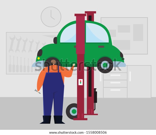 Car repair service flat vector illustration.\
Mechanic diagnoses and repairs a car on a car lift. Routine\
maintenance, technical inspection, engine repair, suspension,\
exhaust system repair concept.\

