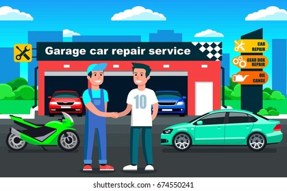 Car repair service in garage outdoor view with client meeting & handshake