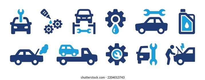 Car Repair Service Icon Set. Containing Car Mechanic, Change Automobiles Engine Oil And Tow Truck Icons. Vector Illustration.