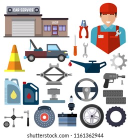 Car repair service icons set. Garage building, evacuator and jack-screw, canister with gasoline, driving stop, tyre and wheels, oil and fixing gear, batterie and pliers, auto mechanic, screw vector