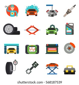 Car repair service icons vector set. Motor-car equipment illustration, motor vehicle, for automobile repairing. Mending restoration station work