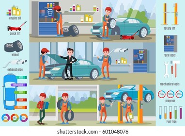 Car repair service infographic concept with workers replacing tyres making diagnostic and different mechanic tools vector illustration