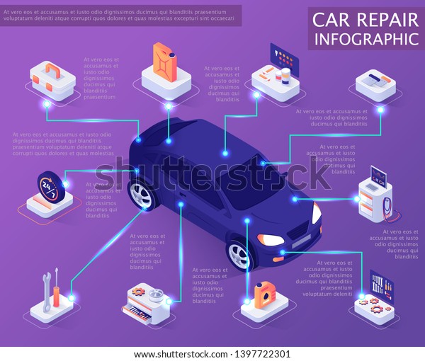 Car Repair Service Infographic. Isometric Banner\
Template with Information about Auto Spare Parts and System. Vector\
3d Illustration with Place for Text. Maintenance and Servicing\
Market Concept