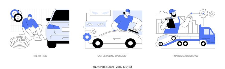 Car repair service isolated cartoon vector illustrations set. Tire fitting, professional mechanic changing car wheel, car-detailing specialist, roadside assistance, towing service vector cartoon.