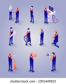 Car Repair Service Isometric Set. Auto Mechanic Characters with Special Equipment, Spare Parts, Tools. Technician Meeting Client. People Series Icons. Vector 3d Illustration on Gradient Backdrop