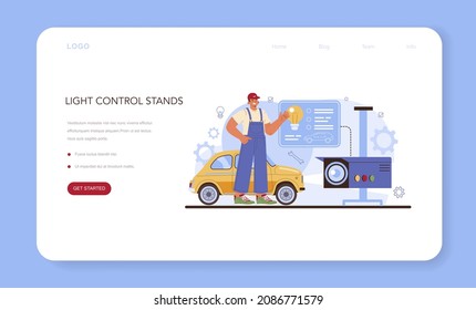 Car repair service. Light control, automobile service diagnostic equipment. Car workshop mechanic in uniform using a special tools for car checking. Flat vector illustration.