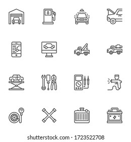 Car repair service line icons set, outline vector symbol collection, automotive repair linear style pictogram pack. Signs, logo illustration. Set includes icons as car computer diagnostics, garage