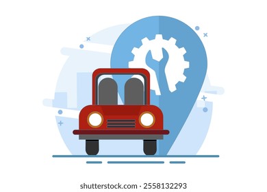 Car repair service location map concept, pin pointer marker, graphic icon or car repair point for car maintenance diagnostic with wrench and gear. Flat vector illustration on background.