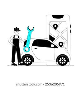 Car Repair Service With Male Mechanic and Large Wrench in Flat Vector Illustration Symbolizing Automotive Maintenance, Repair, and Mobile Assistance, Isolated on White Background.