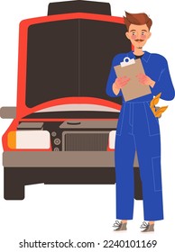 Car Repair Service with Man Mechanic Standing with Clipboard Near Open Motor Hood Vector Illustration