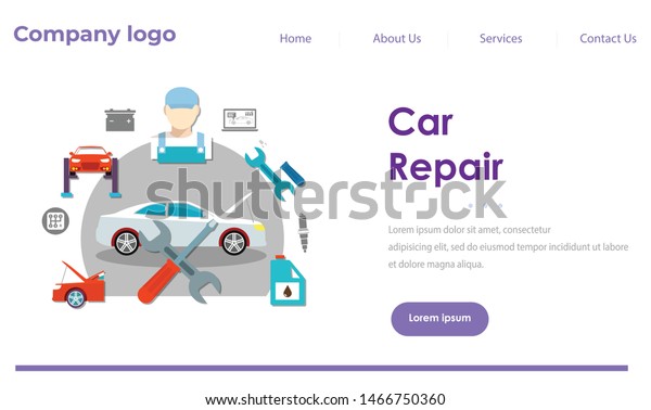Car repair and service. Mechanic repairs and\
diagnostics car in building of auto service.  Repair machines,\
equipment. Vector\
illustration
