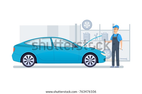 Car repair and service. Mechanic repairs\
and diagnostics car in building of auto service. Auto mechanic\
working in auto repair service. Repair machines, equipment. Vector\
illustration.