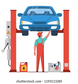 Car repair service. Mechanic at work in garage. Tire service, diagnostics, replacement spare parts. Vector illustration flat design. Isolated on white background. Professional is under auto.