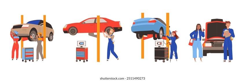 Car Repair Service with Mechanics Team in Garage Doing Technical Inspection and Automobile Diagnostics Vector Illustration Set