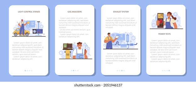 Car repair service mobile application banner set. Automobile service diagnostic equipment. Car workshop mechanic in uniform using a special tools for car checking. Flat vector illustration.