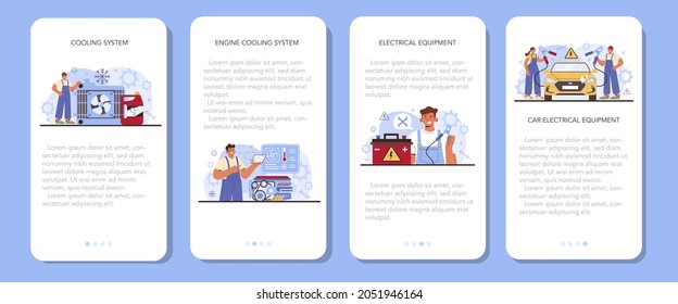 Car repair service mobile application banner set. Automobile cooling system got fixed in car workshop. Mechanic in uniform check an electrical equipment. Flat vector illustration.