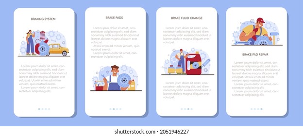 Car repair service mobile application banner set. Automobile's brake pads got fixed in car workshop. Mechanic check a vehicle's braking system. Car full diagnostics. Flat vector illustration.