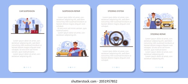 Car repair service mobile application banner set. Automobile components got fixed in car workshop. Mechanic check a vehicles steering or suspension system and repair it. Flat vector illustration.