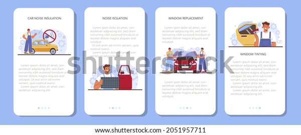 Car repair service mobile application
banner set. Automobile sound insulation and window instalation.
Mechanic check a vehicle noise isolation and tint the windows. Flat
vector illustration.