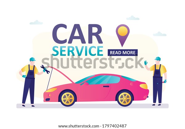 Car repair service. Modern auto and two\
servicemen with tools. Workers at work, troubleshooting and repair.\
Horizontal banner template. Male characters and vehicle in trendy\
style. Vector illustration