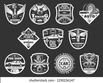 Car Repair Service Monochrome Icons With Vehicles And Auto Parts. Wrench And Engine, Tire And Breaks. Garage For Transport Repairing, Details Replacement And Tunning, Mechanical Works Vector