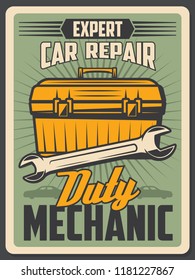 Car repair service old vintage poster. Auto mechanic and technician toolbox with spanner or wrench and other tools banner. Garage and workshop signboard design