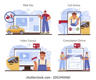 Car repair service online service or platform set. Automobile sound insulation and window instalation. Online consultation, call, video tutorial, website. Flat vector illustration.