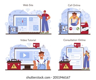 Car repair service online service or platform set. Automobile cooling system and electrical equipment got fixed. Online consultation, call, video tutorial, website. Flat vector illustration