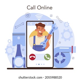 Car repair service online service or platform. Automobile mechanic check a vehicles engine, motor and repair it. Online call. Flat vector illustration.