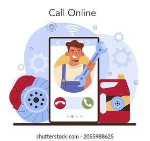 Car repair service online service or platform. Automobile's brake pads got fixed. Mechanic check a vehicle's braking system. Online call. Vector illustration