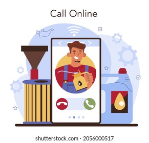 Car repair service online service or platform. Mechanic check a vehicles seat belt, oil and filter and replaice it. Online call. Flat vector illustration.