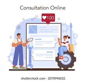 Car repair service online service or platform. Automobile in car workshop. Mechanic check a vehicle and repair it. Online consultation. Flat vector illustration.