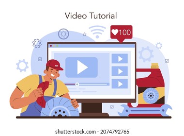 Car repair service online service or platform. Automobile's brake pads got fixed. Mechanic check a vehicle's braking system. Video tutorial. Vector illustration