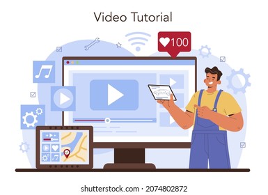 Car repair service online service or platform. Mechanic check a vehicle multimedia and security equipment repair it. Video tutorial. Flat vector illustration.