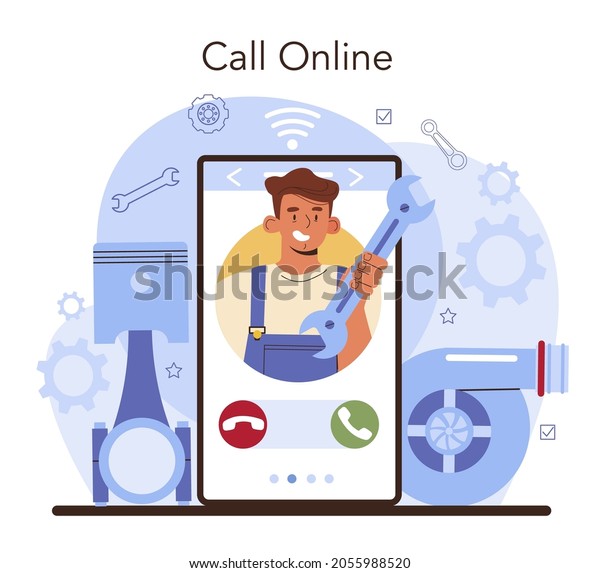Car repair service online service or\
platform. Automobile mechanic check a vehicles engine, motor and\
repair it. Online call. Flat vector\
illustration.