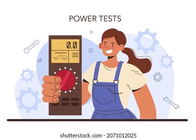 Car repair service. Power tests, automobile service diagnostic equipment. Car workshop mechanic in uniform using a special tools for car checking. Flat vector illustration.