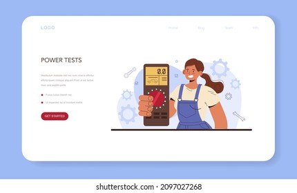 Car repair service. Power tests, automobile service diagnostic equipment. Car workshop mechanic in uniform using a special tools for car checking. Flat vector illustration.