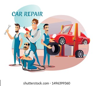 Car Repair Service Professional Team Presentation. Happy Smiling Cartoon Repairmen, Mechanics Characters in Uniform Standing with Tools and Tire in Hands. Vector Flat Cutout Illustration