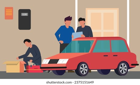 Car repair service with professional workers 2d vector illustration concept for banner, website, landing page, flyer, etc
