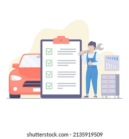 Car repair and service with repairman, Vector modern illustration.