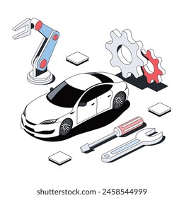 Car repair, car service, robot line, gear, tools. Vector 3d line isometric, color web icons, new flat style. Creative design idea for infographics.