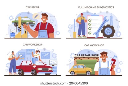 Car repair service set. Automobile got fixed in car workshop. Mechanic in uniform check a vehicle and repair it. Car full diagnostics. Flat vector illustration.