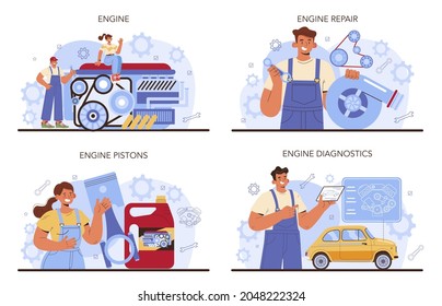 Car repair service set. Automobile engine got fixed in car workshop. Car workshop mechanic in uniform check a vehicles motor and repair it. Flat vector illustration.