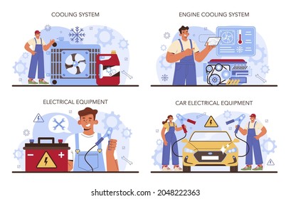 Car repair service set. Automobile cooling system got fixed in car workshop. Mechanic in uniform check an electrical equipment. Flat vector illustration.