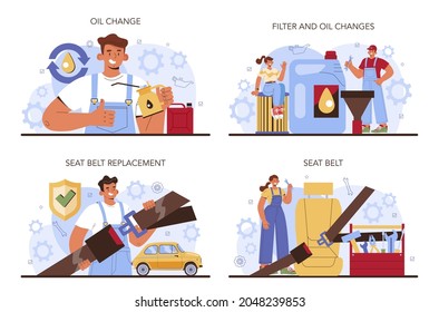 Car repair service set. Automobile components got fixed in car workshop. Mechanic in uniform check a vehicles seat belt, oil and filter and replaice it. Flat vector illustration.