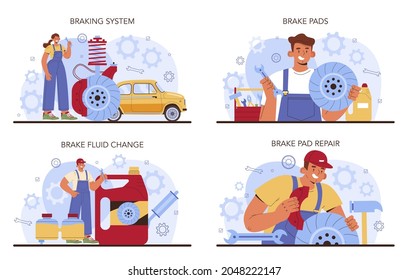 Car repair service set. Automobile's brake pads got fixed in car workshop. Mechanic in uniform check a vehicle's braking system and repair it. Car full diagnostics. Flat vector illustration.